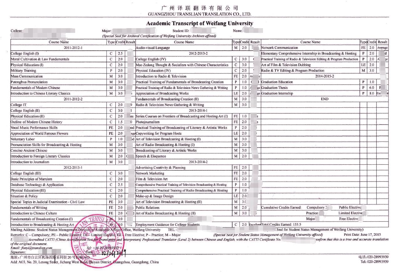 本科院校成績(jī)單英文翻譯圖片